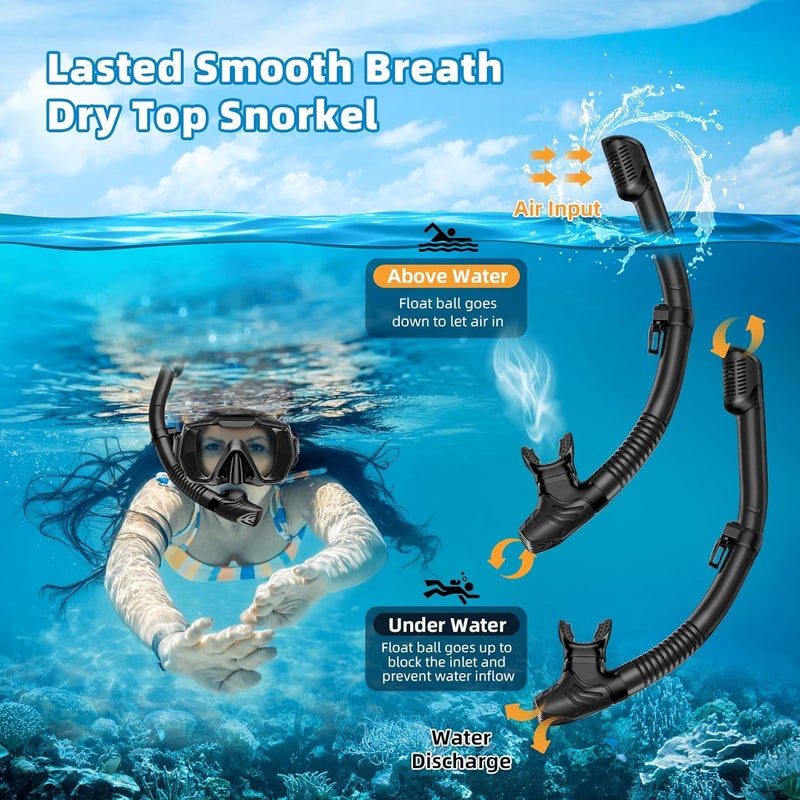 Honlanor Snorkel Set Adults Snorkeling Gear Anti-Leak and Anti-Fog Tempered Glass Lens Panoramic View Swim Mask Dry Top Snorkel Kit for Snorkeling Scuba Diving Swimming Travel with Carry Bag - Image 3